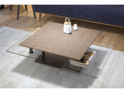 QUAD - Table basse plateaux pivotants céramique ou verre avec piètement acier 