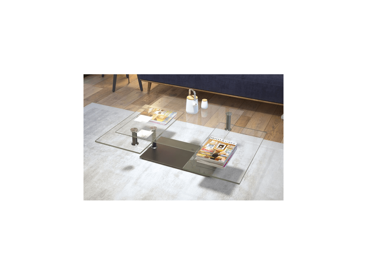QUAD - Table basse plateaux pivotants céramique ou verre avec piètement acier 