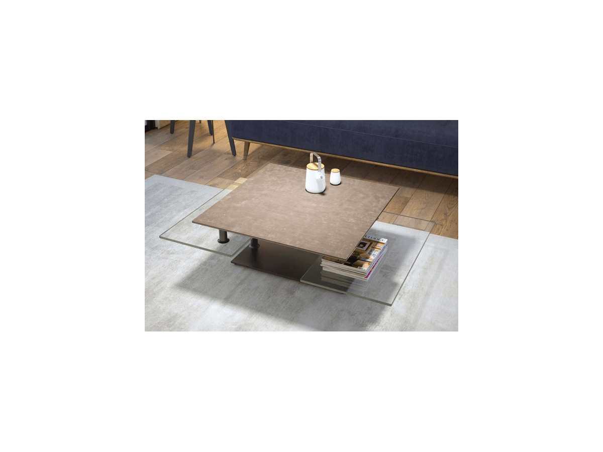 QUAD - Table basse plateaux pivotants céramique ou verre avec piètement acier 
