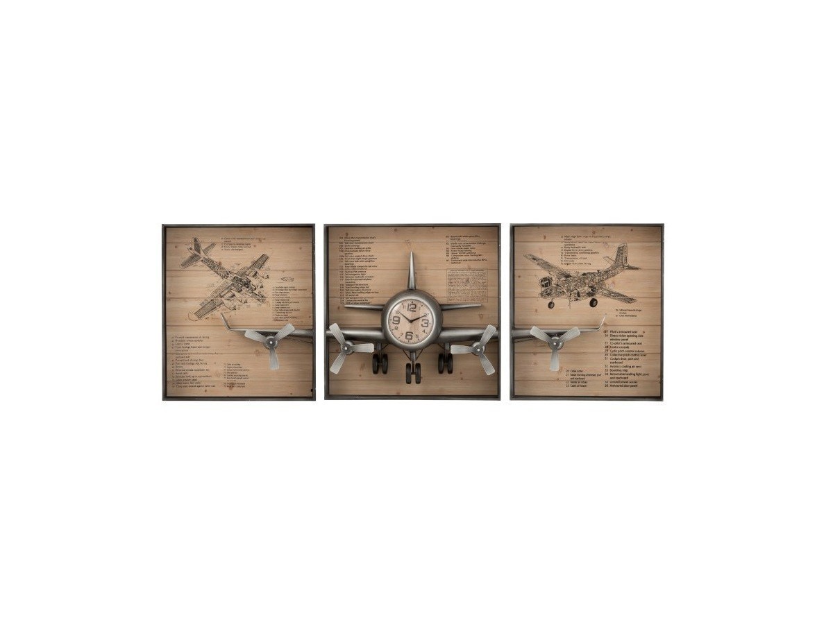 Tableau triptyque horloge avion 3 parties 
