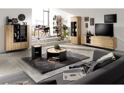 CHIC - Buffet haut 1 porte bois, 1 porte vitrée, 1 tiroir avec option LED 