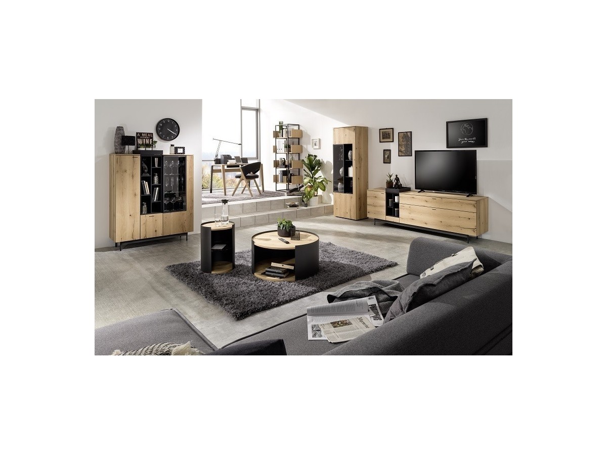 CHIC - Buffet haut 1 porte bois, 1 porte vitrée, 1 tiroir avec option LED 