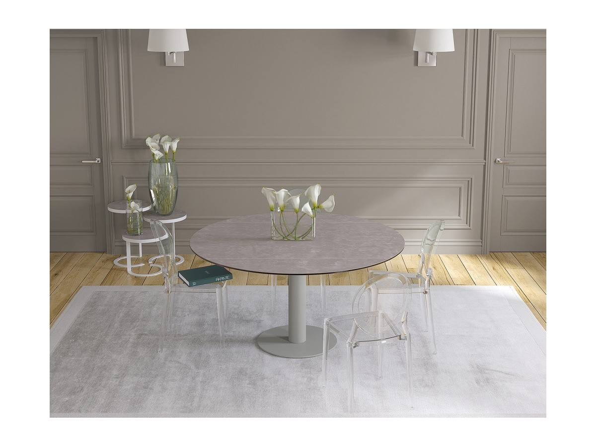 UNA - Table de repas extensible deux allonges intégrées pied central acier laqué gris 