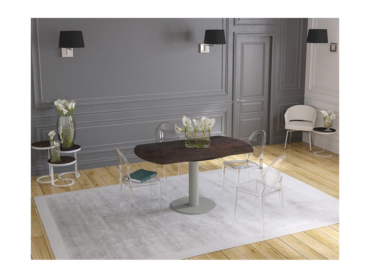 UNA - Table de repas extensible deux allonges intégrées pied central acier laqué gris 