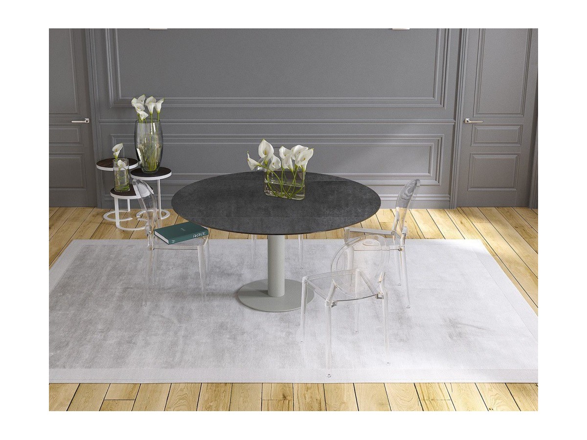 UNA - Table de repas extensible deux allonges intégrées pied central acier laqué gris 