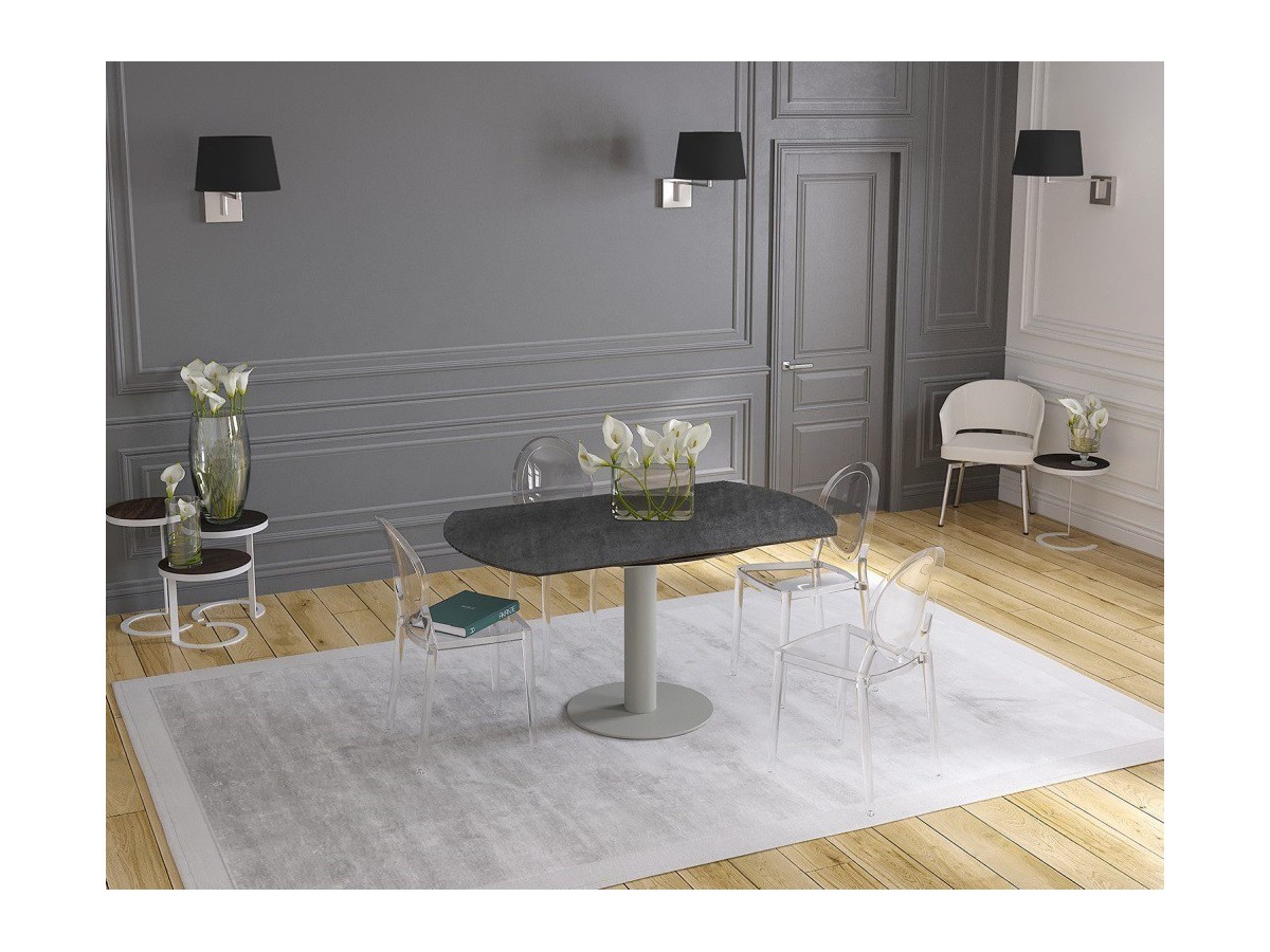 UNA - Table de repas extensible deux allonges intégrées pied central acier laqué gris 