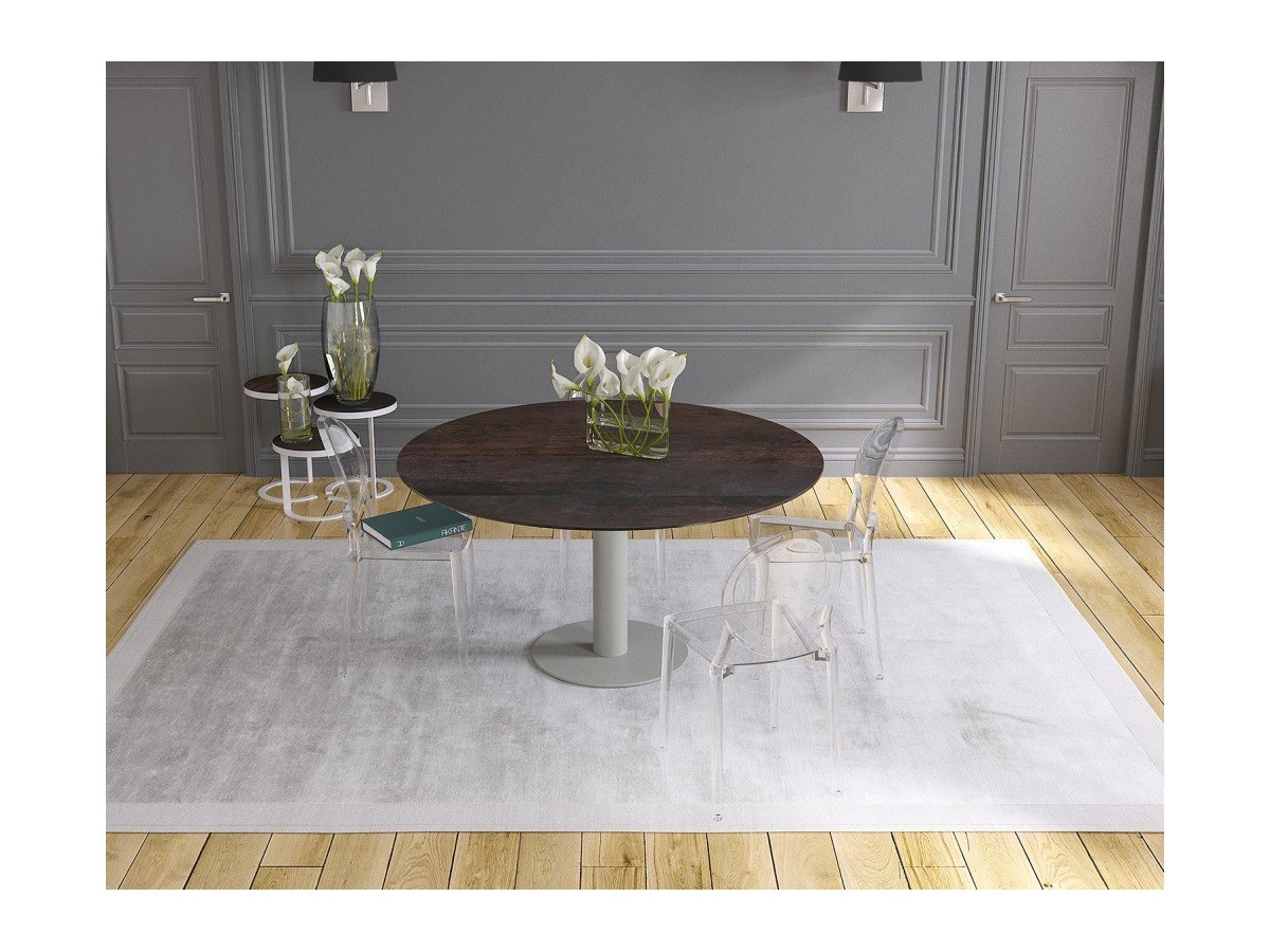 UNA - Table de repas extensible deux allonges intégrées pied central acier laqué gris 