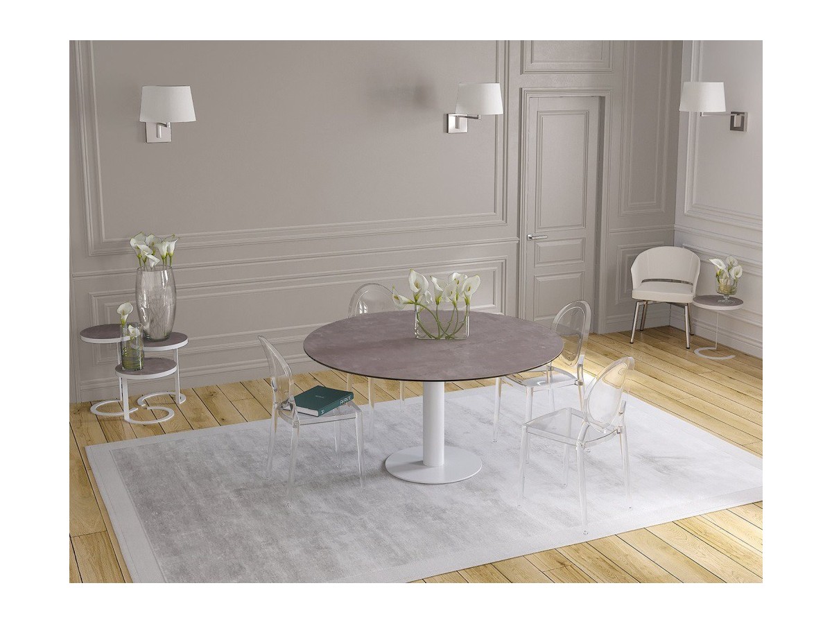 UNA - Table de repas extensible deux allonges intégrées pied central acier laqué blanc 