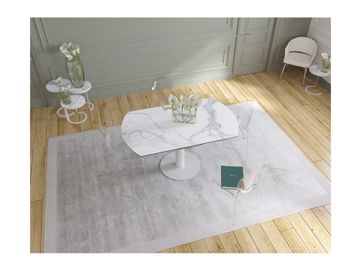 UNA - Table de repas extensible deux allonges intégrées pied central acier laqué blanc 