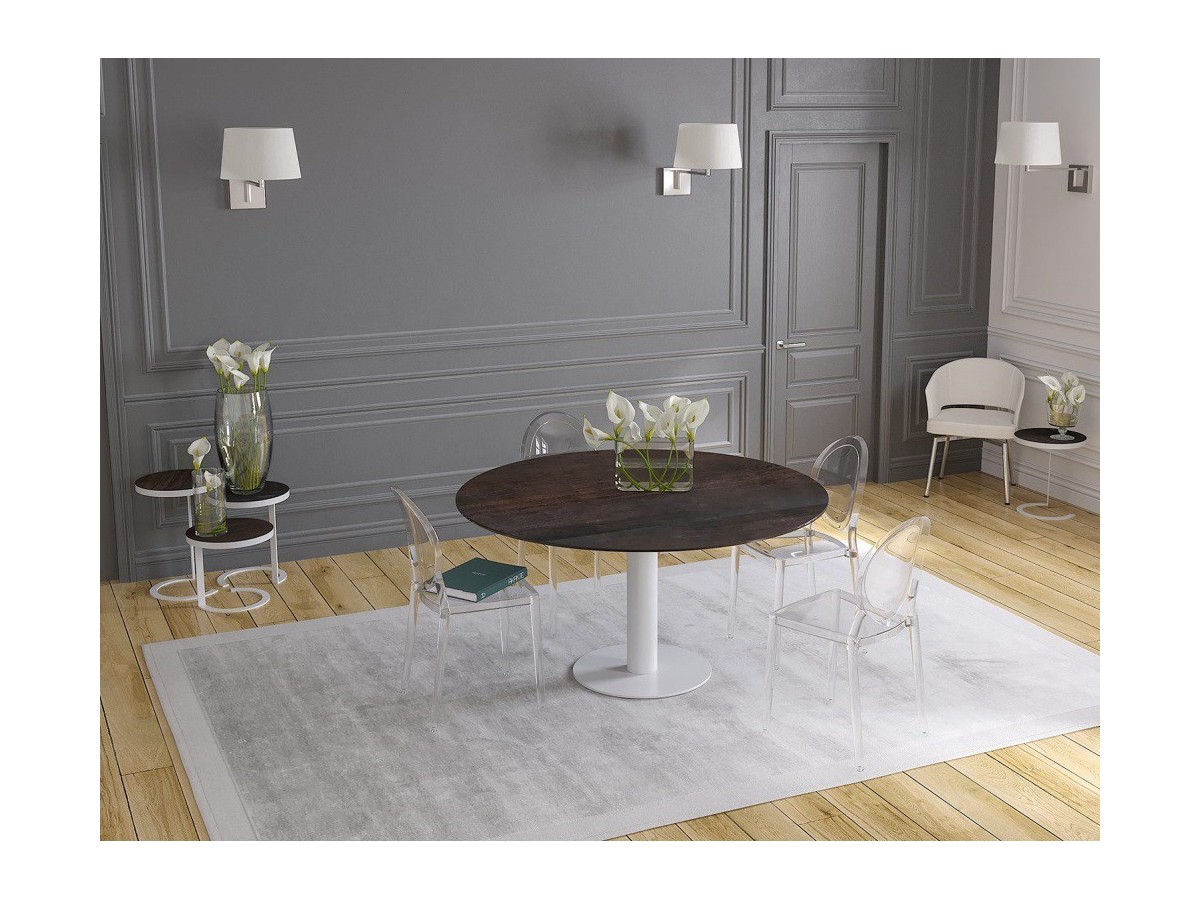 UNA - Table de repas extensible deux allonges intégrées pied central acier laqué blanc 