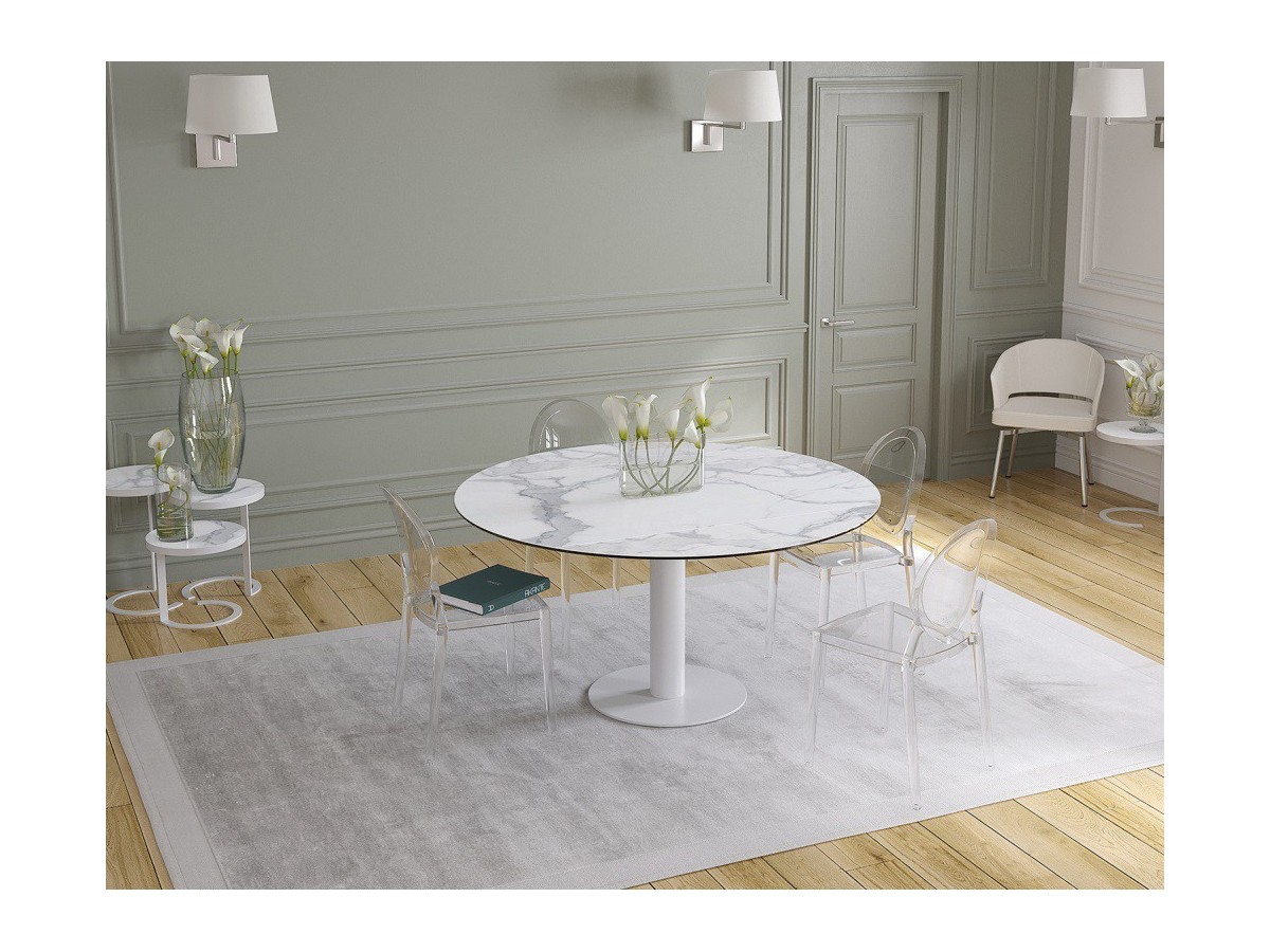 UNA - Table de repas extensible deux allonges intégrées pied central acier laqué blanc 