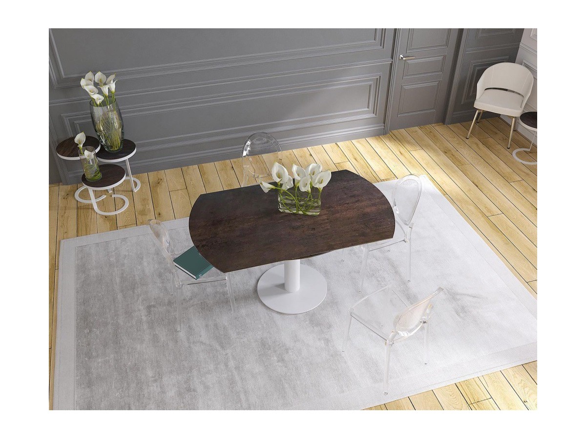 UNA - Table de repas extensible deux allonges intégrées pied central acier laqué blanc 