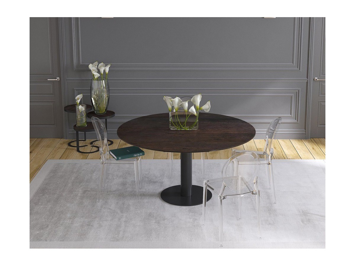 UNA - Table de repas extensible deux allonges intégrées pied central acier laqué noir 