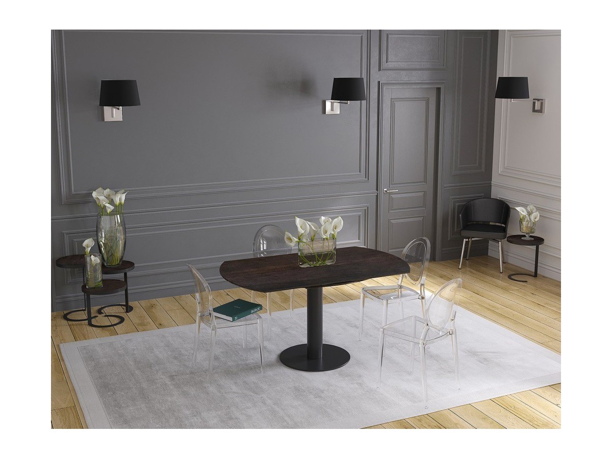 UNA - Table de repas extensible deux allonges intégrées pied central acier laqué noir 