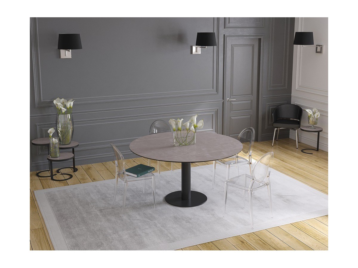 UNA - Table de repas extensible deux allonges intégrées pied central acier laqué noir 