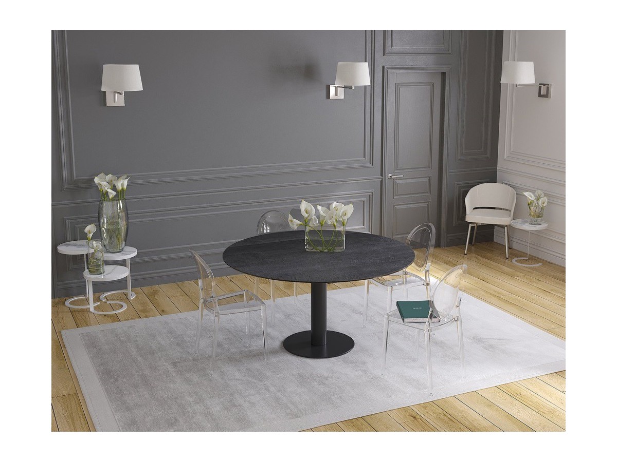 UNA - Table de repas extensible deux allonges intégrées pied central acier laqué noir 