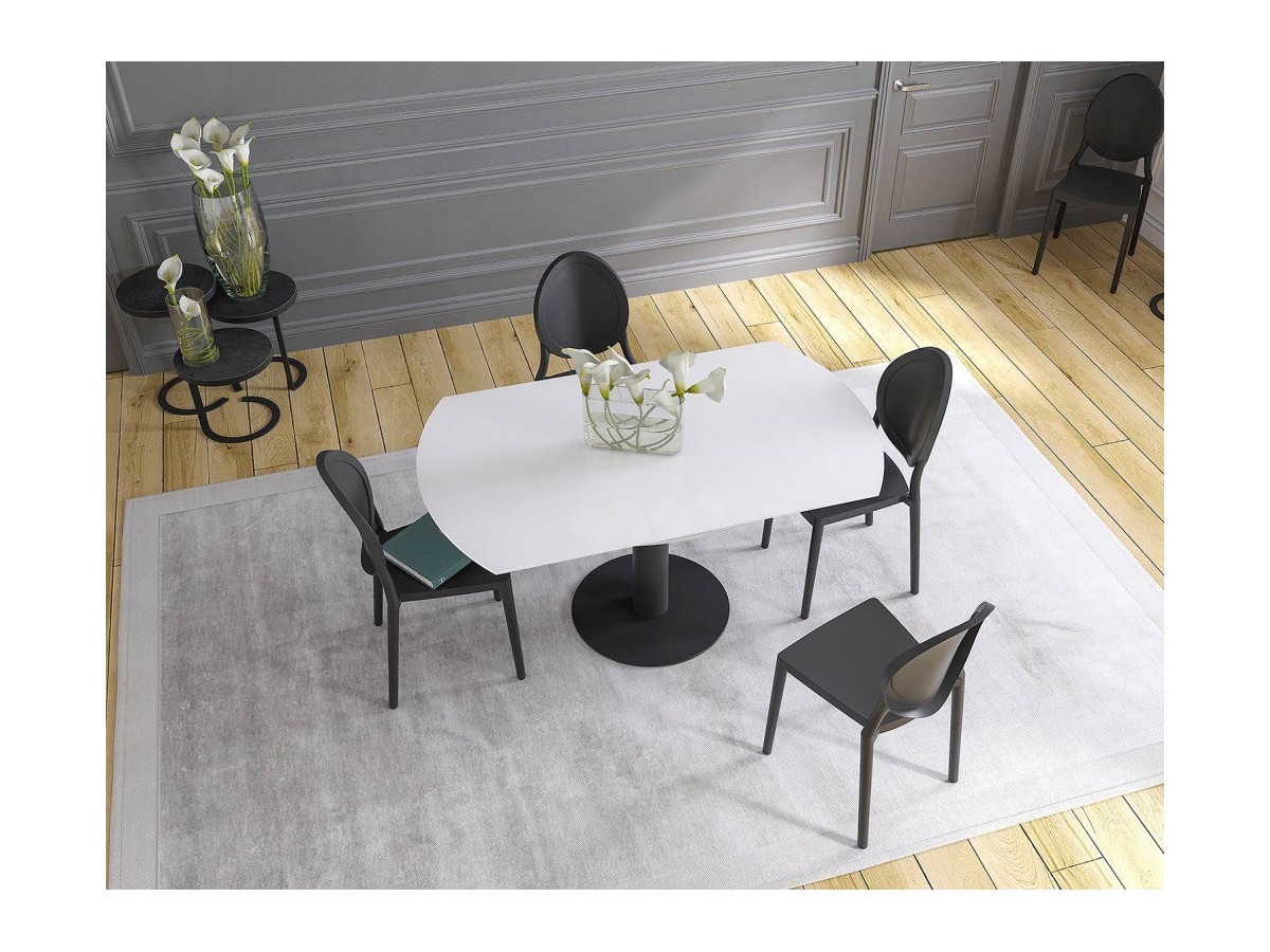 UNA - Table de repas extensible deux allonges intégrées pied central acier laqué noir 