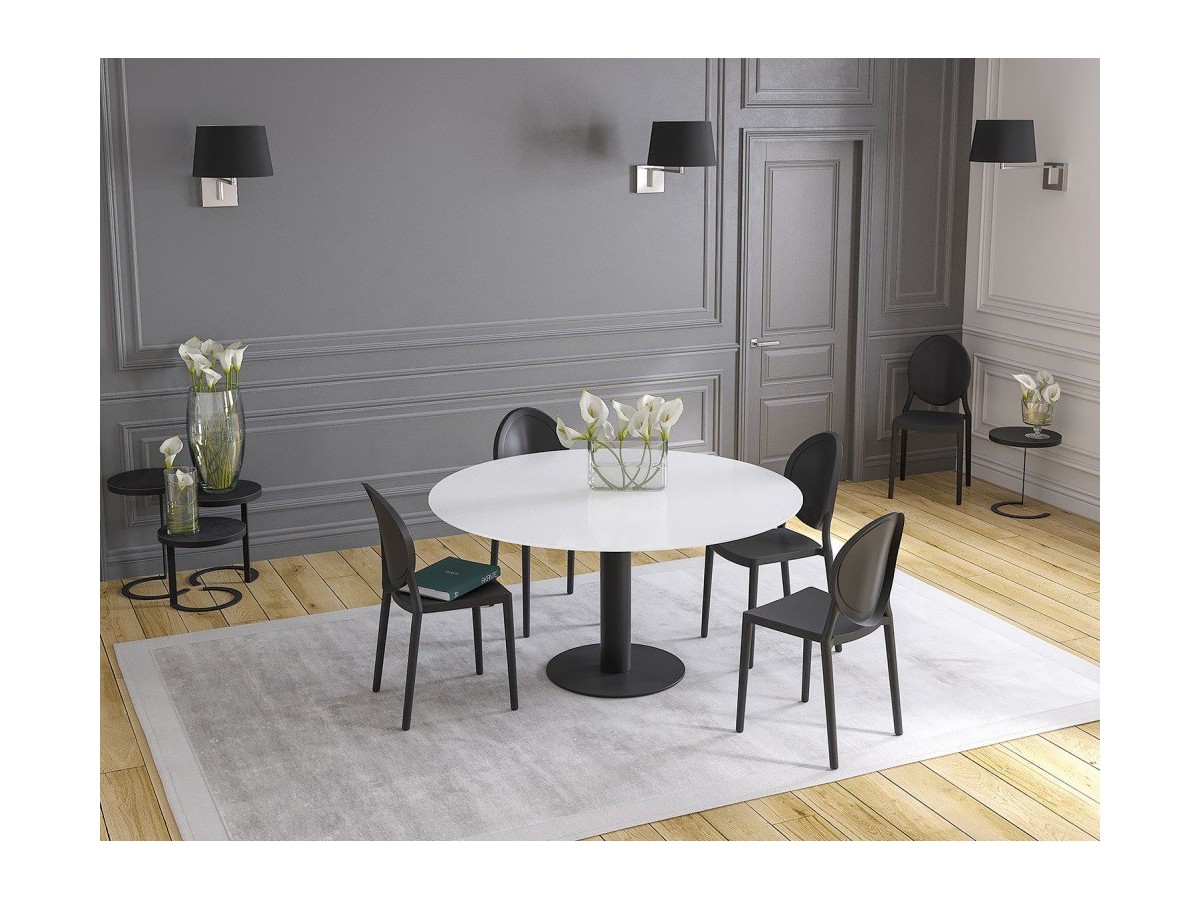 UNA - Table de repas extensible deux allonges intégrées pied central acier laqué noir 