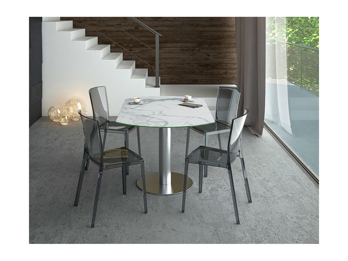 UNA - Table de repas extensible deux allonges intégrées pied central acier inox brossé 