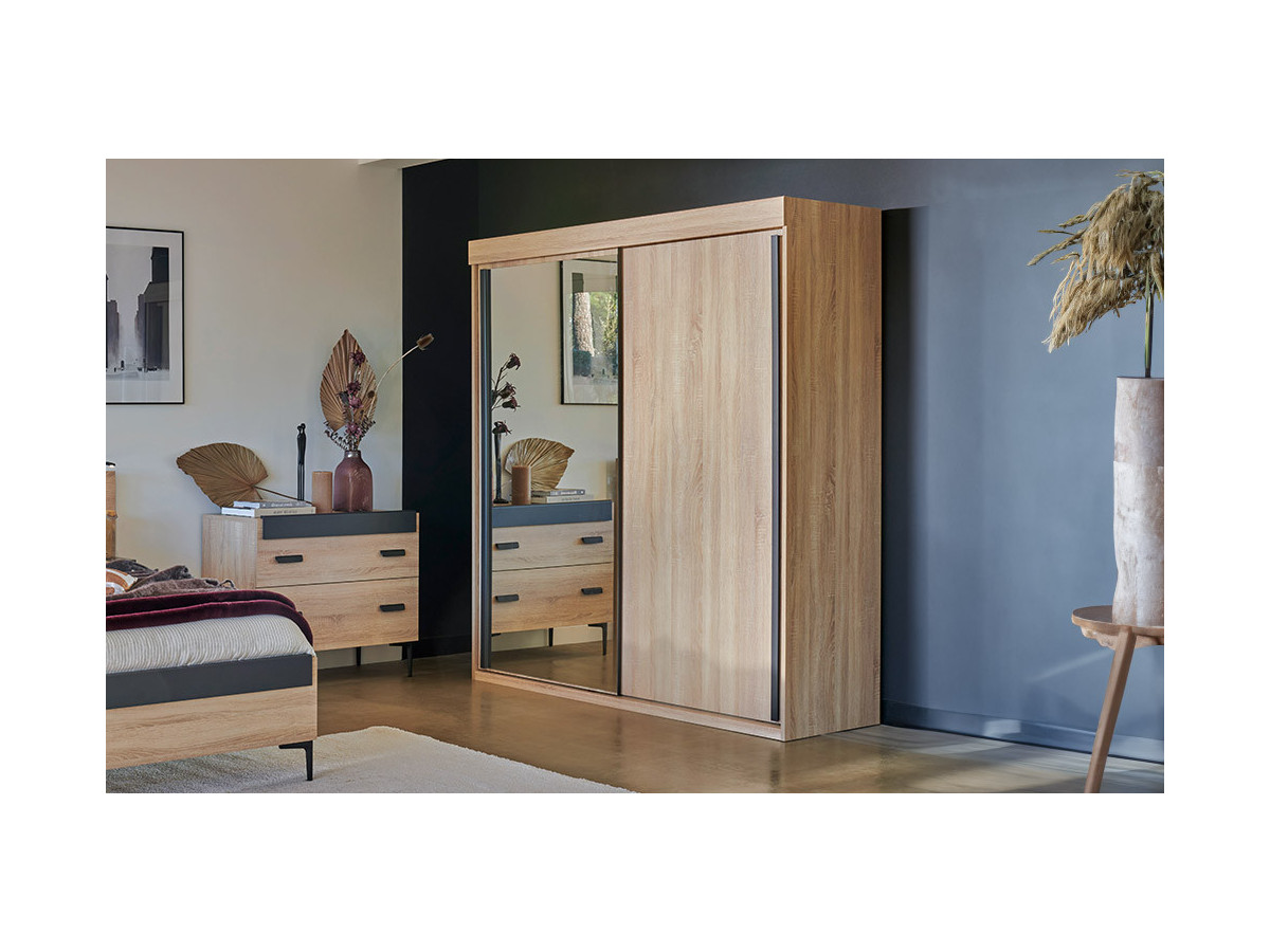 First  - Armoire 2 portes coulissantes, miroir et bois 