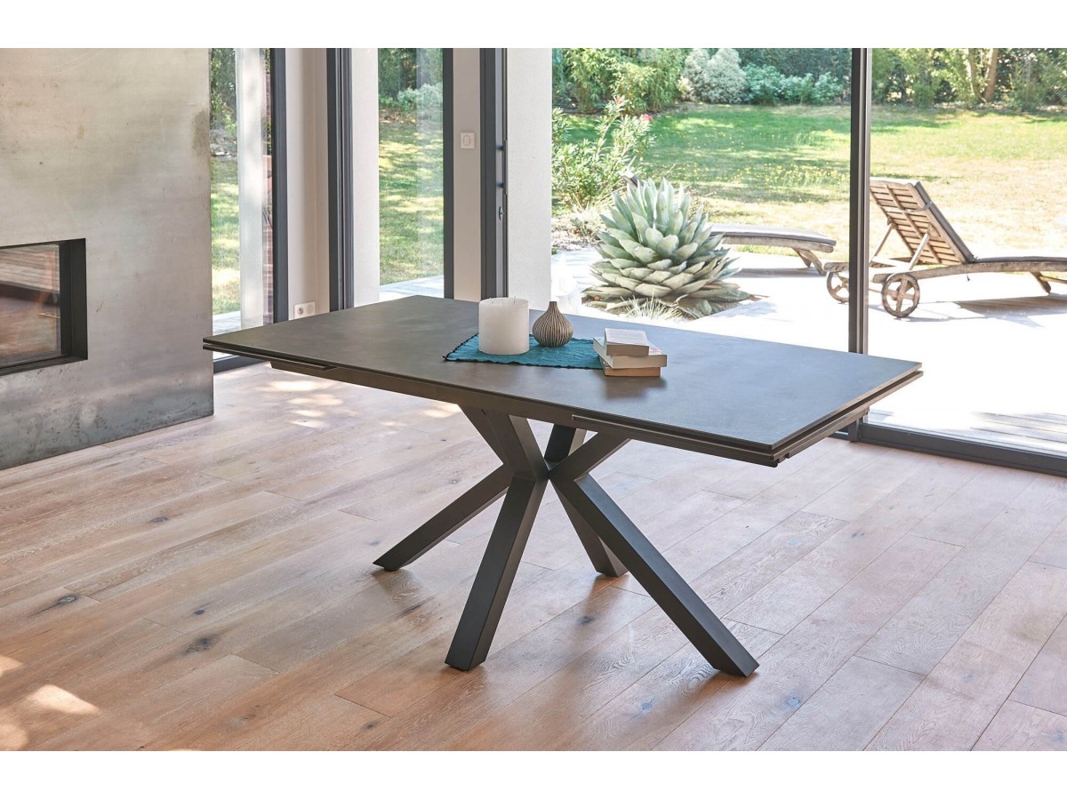 CONCEPT - Table rectangle 2 allonges en bout de 50 cm plateau céramique 