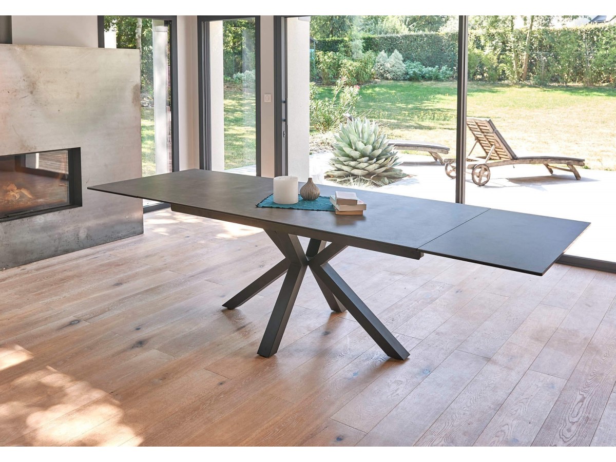 CONCEPT - Table rectangle 2 allonges en bout de 50 cm plateau céramique 