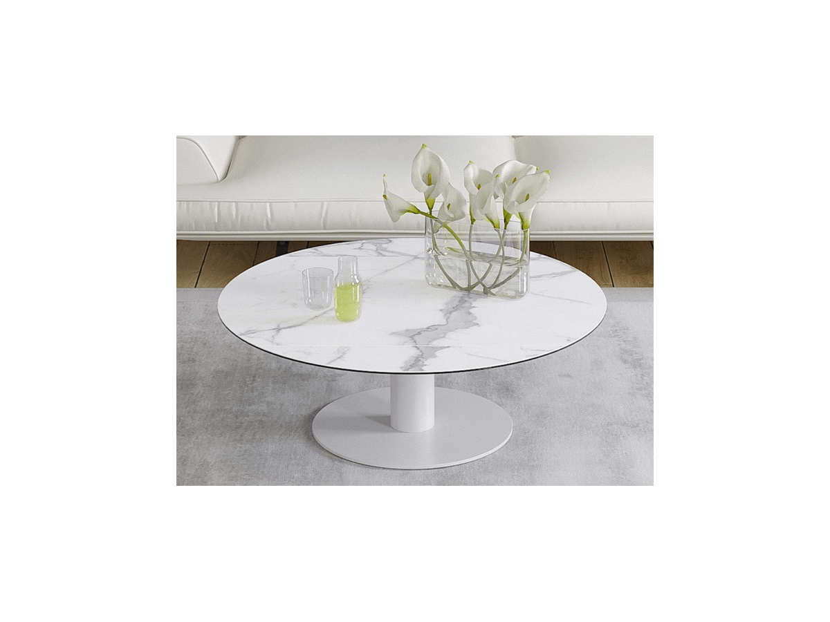 UNA - Table basse extensible plateau céramique pied acier métal laqué blanc 